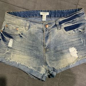 Forever 21 Mid Rise Light Denim Distressed Shorts